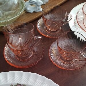 Vintage Pink Swirl Arcoroc France Set 4 Saucer Teacup Coffee Tea